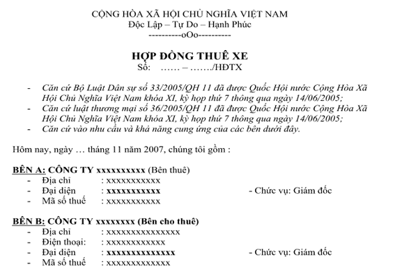 Mẫu hợp đồng thuê xe ô tô có tài theo tháng